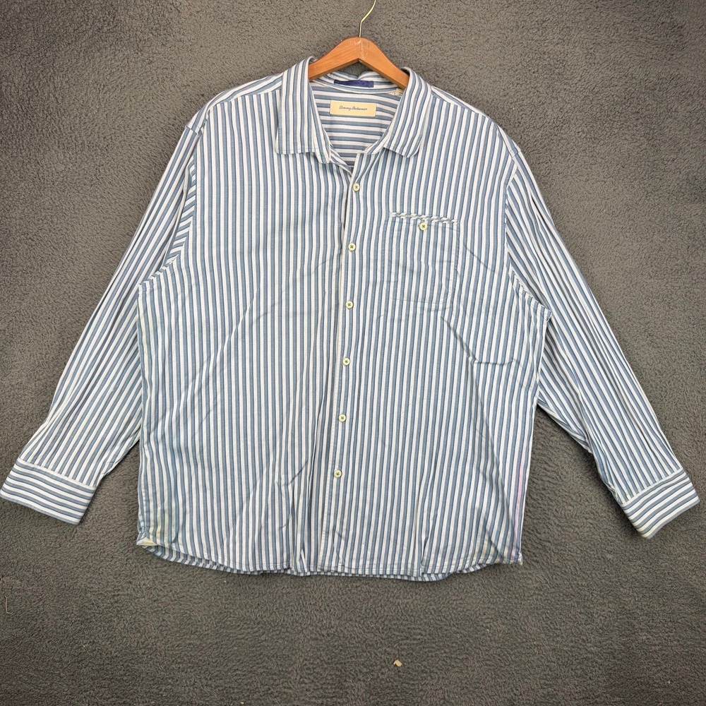 Tommy Bahama Mens XXL Blue White Striped Long Sleeve Button Down Cotton Shirt
